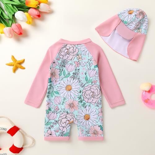 Toddler Baby Girls Swimsuit One-Piece Zipper Swimwear UPF 50+ Sun Protection Bathing Suit with Hat3