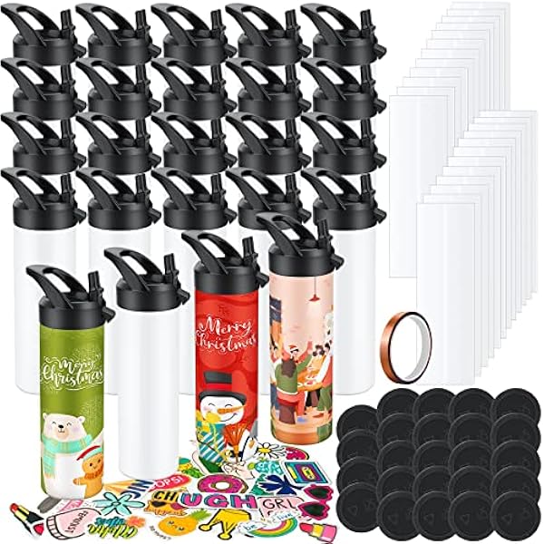 24 Pack Sublimatie Tumbler 20oz drievoudig geïsoleerde roestvrijstalen sportwaterfles met rietje deksel blanco sublimatie beker met doe-het-zelf stickers, krimpfolie, rubberen basis, warmteband voor