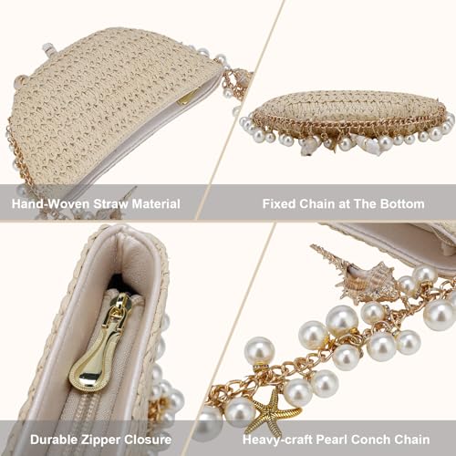 Comeon Women Straw Shoulder Handbag Pearl Conch Summer Beach Bag Chic Hand-Woven Straw Clutch Purse for Wedding Vacation4