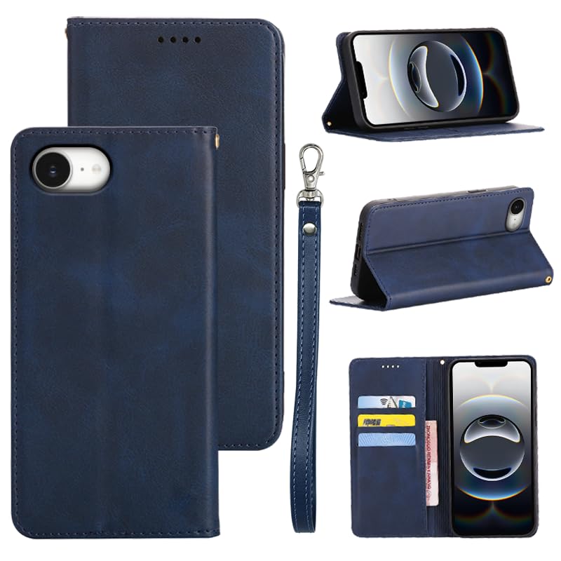適用 iPhone 17E / 適用 iPhone 16E ケース 手帳型 適用 いPhone 17E 手帳型ケース スマホケース カバー PUレザー カード収納 財布型 耐衝撃 ケース マグネット スタンド機能付き(適用 いPhone 17e / 16e ケース手帳型) (深い青)