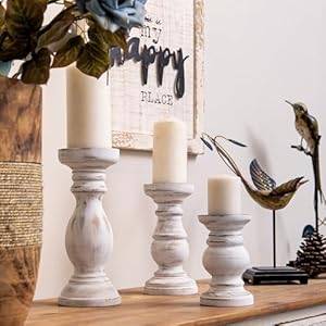 NIKKY HOME Pillar Candle Holder Set of 3 Farmhouse Wood Candle Stand Mantle Decor Centerpieces for Fireplace Living or Dining Room Table Distressed White