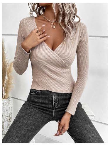 Image of BEAUDRM Women's Wrap Sweater Long Sleeve Deep V Neck Pullover Sweaters Tops Khaki Large