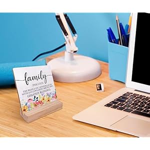 Family Definition Floral Wood Plaque with Wooden StandInspirational Family Wooden Plaque Sign Desk Decor for Home Bedroom Living Room Table Shelf Decoration