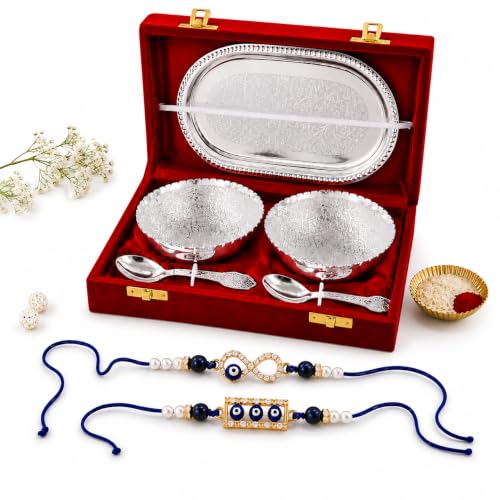 Image of Jaipur Ace Rakhi Gift Hamper for Bhaiya Bhabhi with Silver Plated Bowl Set, Pooja Thali, 2 Designer Rakhis, Roli Chawal, Raksha Bandhan Gift Set for Brother Bhabhi, Premium Rakhi Combo with Red Velvet Box
