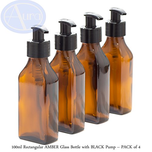 Botella rectangular de cristal AMBER de 100 ml con bomba negra  Paquete de 4