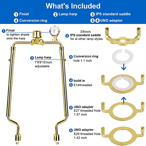 Weaverbird Lamp Shade Harp Bracket 7 8 9 10 Inch Adjustable Lamp Harp Kit With 3/8 Standard Saddle,E14 E26 E27 Light Base Uno Fitter Adapter Converter Finial Set And Crystal Lamp Finial Knob,Gold #TOP2