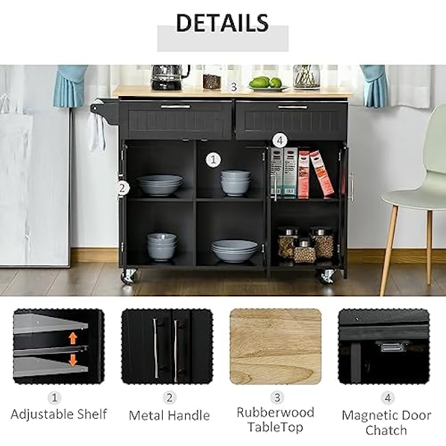 Mobile Kitchen Island for Cooking, Spacious Wood Top, Storage Drawers, Cabinets & Towel Rack, Black-QxWhxXNe