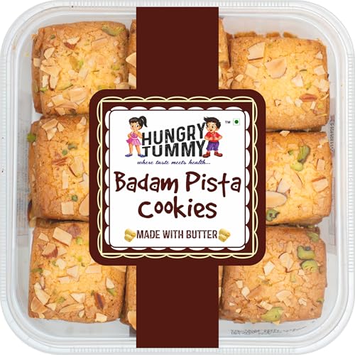 Image of HUNGRY TUMMY Badam Pista Cookies - Handmade Almond Pistachio Butter Cookies | Premium Dry Fruit Biscuits | Crispy, Rich & Nutty Delight | No Preservatives | Perfect Tea-Time Snack & Gifting (Pack of 250g)