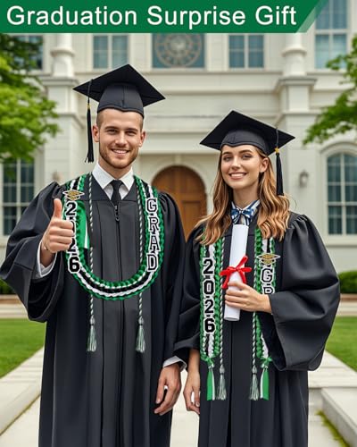 Image of Yigney Graduation Lei Set Class of 2026 Grad Ribbon Leis with Honor Cord Double Braided Graduate Leis for Men Women Green Black White