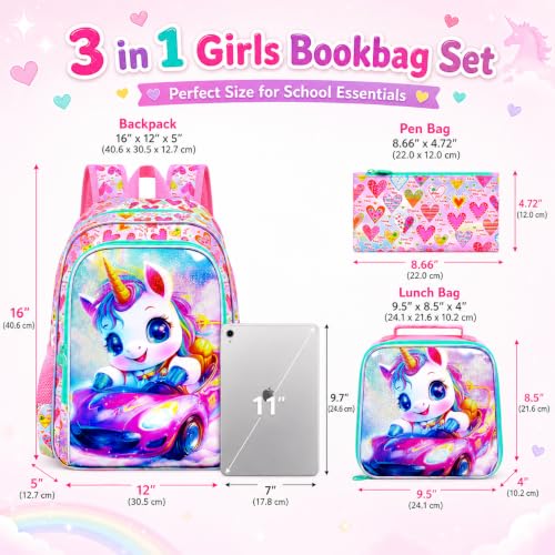 Image of HPJGD 3PCS Girls Unicorn Bookbag Set, Kids Sports Car Backpack Set for Girls with Lunch Box, Cute Water Resistant Elementary School Bag for Preschool Toddler - Pink Unicorn Sports Car