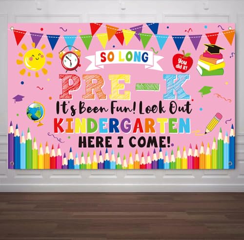 Image of PRE-K Graduation Decorations 2026,Preschool Graduation Banner Decorations,So Long Pre-k It's Been Fun Look Out Kindergarten Here I Come Photo Backdrop for Home School Classroom Party Supplies PKB