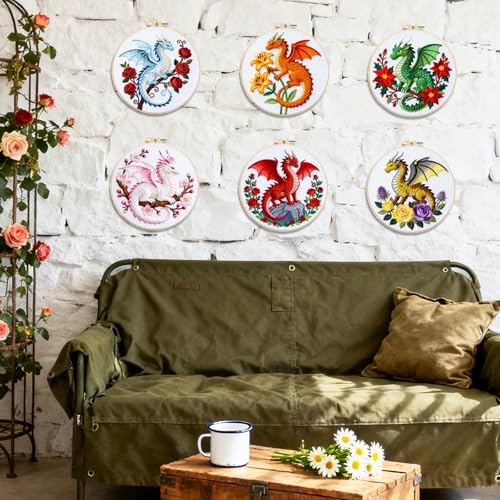 Image of BEUNITONE 6 Set Embroidery Kits for Beginners with Dragon Pre-Print Pattern | 7.9x7.9 inch DIY Craft Kits for Adults Include Embroidery Hoops and Instructions, Needlepoint Kits for Craft Lover and Home Decor