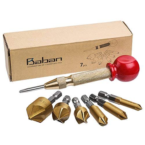 Countersink Drill Bit+Center Punch, Baban Countersink Drill Bit Set 6 Pcs 1/4'' Hex Shank HSS 5 Flute Countersink 90 Degree Center Punch Tool Sets For Wood Quick Change Bit 6mm-19mm