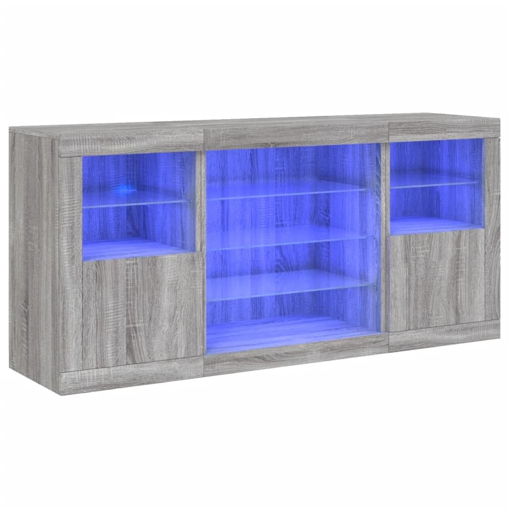 3209091 Credenza con Luci LED Grigio Sonoma 142,5x37x67 cm Credenza Moderna a Anta con Luci LED e Mensole in Vetro,Mobile Multiuso in Legno con Finitura Lucida