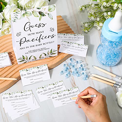 Image of Roowest 512 Pcs Baby Shower Games Guess How Many Pacifiers Sign 100 Small Guessing Games 10 HB Pencils 750ml Milk Bottle 400 Acrylic Pacifiers Decoration for Guest Gender Reveal(Blue,Plant)