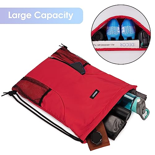 Image of WANDF Drawstring Backpack Sports Gym Sackpack with Mesh Pockets Water Resistant String Bag for Women Men (Red)