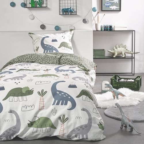 Familando - Bettwäsche-Set Dino (2-teilig) - 135x200cm Deckenbezug & 80x80cm Kissenbezug - für Jungen & Mädchen - Oeko-TEX-Zertifiziert & 100% Baumwolle - Renforcé Qualität mit Reißverschlüssen