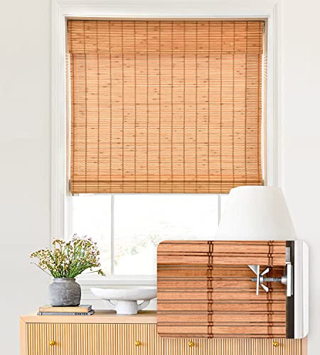 Image of LazBlinds No Tools No Drill Cordless Bamboo Roman Shades, Light Filtering Window Treatment, Roll Up Bamboo Blinds for Windows 33'' W x 64'' H, Wood