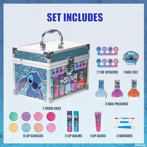 Stitch Train Case Beauty Set, Kids Makeup Kit for Girls, Real Washable Makeup Set, Play Makeup, Party Favor, Birthday, Ages 3 4 5 6 7 8 9 10 11 12 by Townley Girl