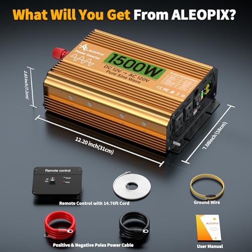 1500 Watt Inverter 12V DC to 110V/120V AC, Pure Sine Wave Inverter for Truck/RV/Home/Solar/Off-Grid, Surge 3000W Pure Sine Power with 2 AC Sockets, 5V 3.4A USB, Digital Display, Remote Controller by ALEOPIX - Used condition - Image 2