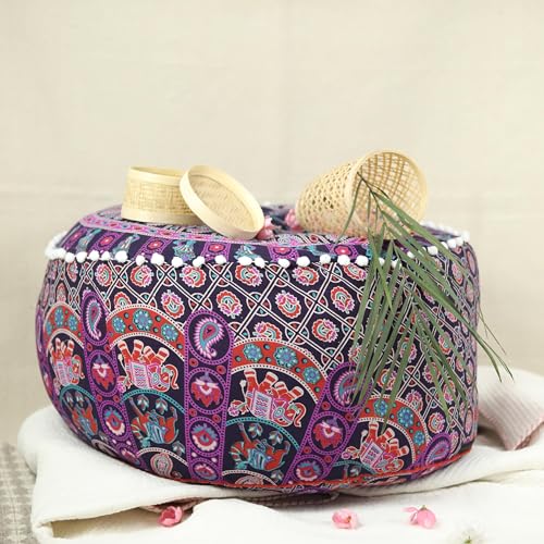 Trade Star Mandala Ottoman Pouffe Cover Indian Decorative Footstool Seating Pouf Ethnic Bohemian Decor 100% Cotton Round Floor Pouf Case Southwestern Ottoman Cover