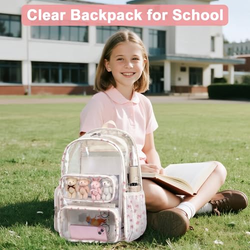 Image of BTOOP Clear Backpack Heavy Duty Transparent Backpack 17 inch See Through Bookbag for College Work Festival Security Padded Strap (pink bow floral)