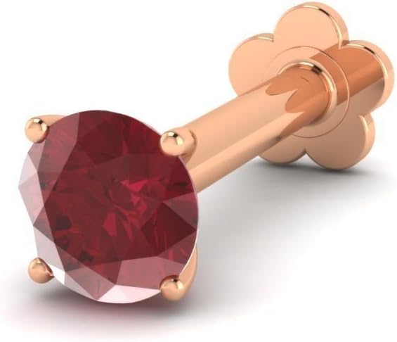 Pretty Jewellery 3MM Created Ruby Solitaire Nose Pin Lip Labret Stud Screw in 18K Solid Rose Gold