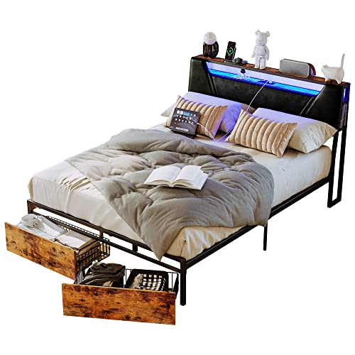 Ironck Full Size Bed Frame With Drawers, Ergonomic Storage Headboard With Charging Station, Led Light, Solid And Stable, No Box Spring Needed #TOP7