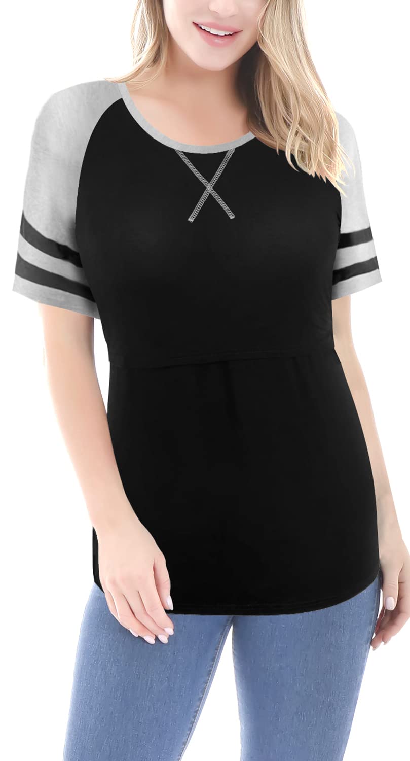 Women's Maternity Nursing Tops Short Patchwork Sleeve Shirts for Breastfeeding Tops