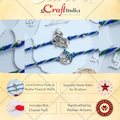 Image of eCraftIndia Lord Krishna Playing Flute Radha Peacock Designer Rakhi Set of 2 | Rakhi for Brother Bhaiya Bhai with Best Bro Ever Fridge Magnet | Roli Chawal Pack
