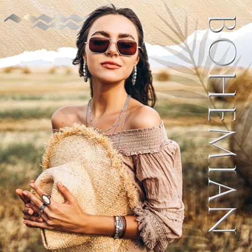 Image of Ecally Bohemian Western Jewelry Turquoise Set Women Country Pendant Long Choker Layered Bracelets Earrings Ring for Women