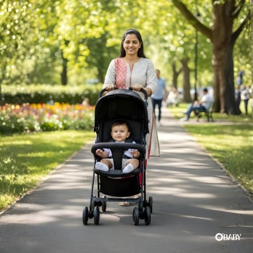 Image of OBABY Stroller with Reclining Seat, Adjustable Canopy, Safety Harness, Smooth Wheels, Compact Folding Design (Small-Darkgrey)