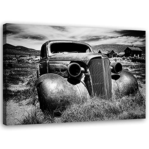 Tableau sur toile XXL voiture art image déco salon moderne noir et blanc 100x70