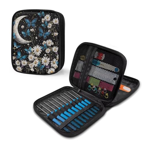 Image of Moon Daisy Butterfly Crochet Hook Case Crochet Hook Holder Portable Storage Bag with Web Pockets Suitable for Needles /Knitting Accessories