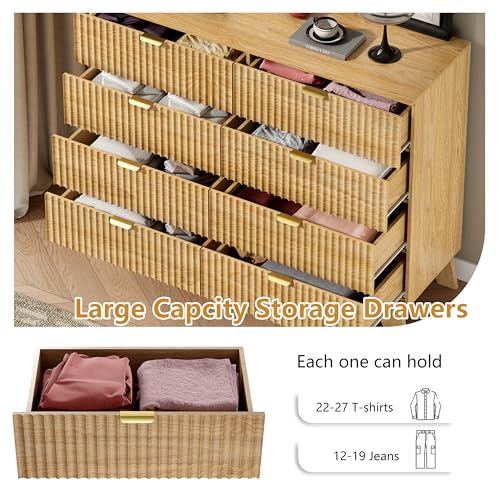 Image of Wodeer 8 Drawer Fluted Dresser for Bedroom, Mid Century Modern Wooden Dresser with 8 Drawers, Dressers & Chests of Drawers with Metal Handle, TV Stand & Storage Organizer for Entryway, Hallway, Oak