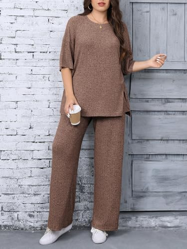 Beautife Womens Plus Size 2 Piece Lounge Sets Ribbed Short Sleeve Tops and Wide Leg Pants Set Travel Airport Outfits2