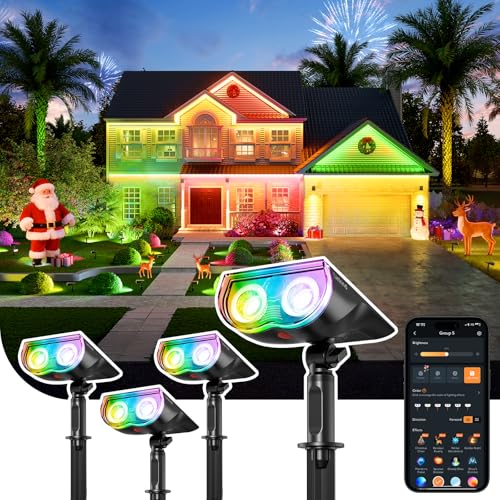 Linkind 4er Intelligent Solar Strahler für Außen RGBTW, MPPT Solar-Tech, 16Mio. Farbe Bunt, APP & Gruppen-steuerung, Musiksync, Lichtshows, IP67 Aussenstrahler Baumstrahler SL5C