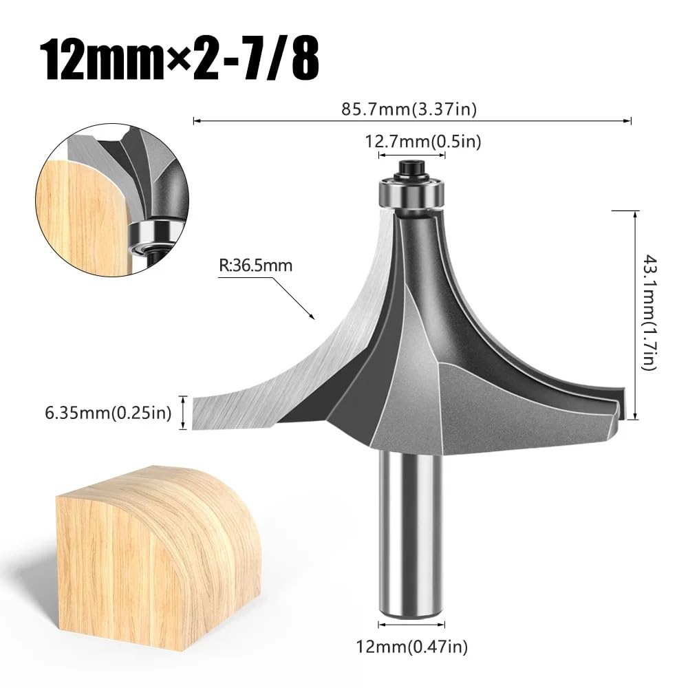 1 szt. frez do zaokrąglania narożników z trzpieniem 12 mm i łożyskiem, obróbki drewna węglika wolframu gładkiego profilowania krawędzi(12X85.7mm)