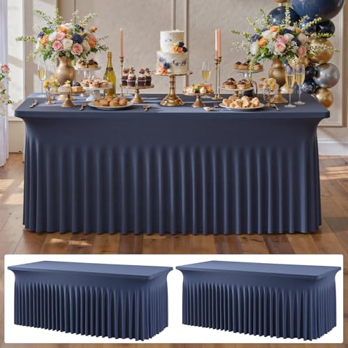 Image of 2 pk Navy Blue Spandex Tablecloth 6ft With Ruffle Table Skirt, Wrinkle Free Stretchy Fitted Tablecloths for 6 Foot Rectangle Tables, Elastic Spandex Table Covers 6ft for Weddings Parties Banquet Craft