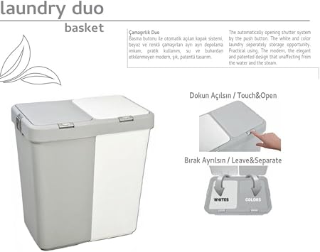 Motek 80 Litre Dokunmatik Çamaşır Sepeti - İki Bölmeli Dekoratif Çamaşır Sepeti - Gri Beyaz - 55x35x58.5 cm