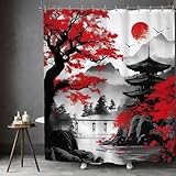 Kalmico Cortina de ducha japonesa con flor de cerezo de 152.4 cm de ancho x 182.9 cm de largo, tinta, negro, rojo, floral, asiático, chino, montaña, sol, anime, juego de accesorios de decoración con 1