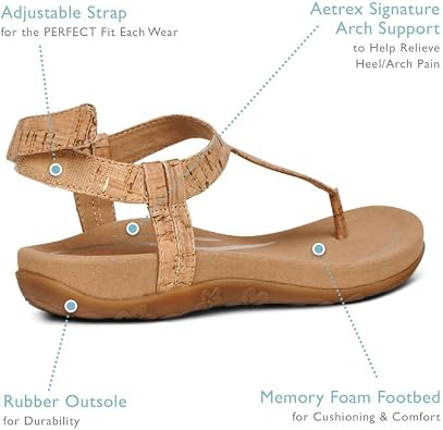 Aetrex Jane Casual Orthopedic Thong Sandals For Women - Adjustable Ankle Strap Memory Foam Womens Sandals with Arch Support