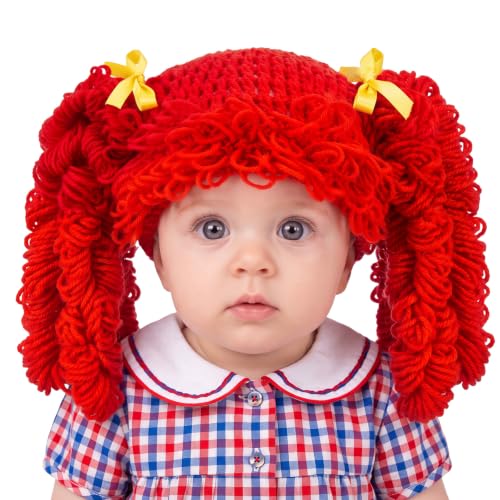 Halloween Cabbage Costume Yarn Wig, Red 5, Curly Spiral Pigtails