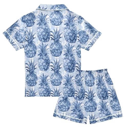 ALAZA Blue Watercolor Pineapple Satin Pajamas Set Short Sleeve Button Down Sleepwear Summer Pjs 2 Piece2