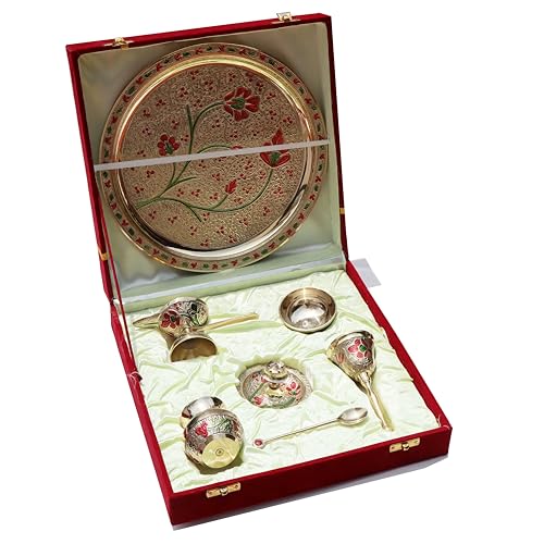Image of Pure Source India Flower Embossed Colourful Meenakari Decorated Premium Brass Pooja Thali Set with Red Velvet Box, Festival Religious Return Gift Item