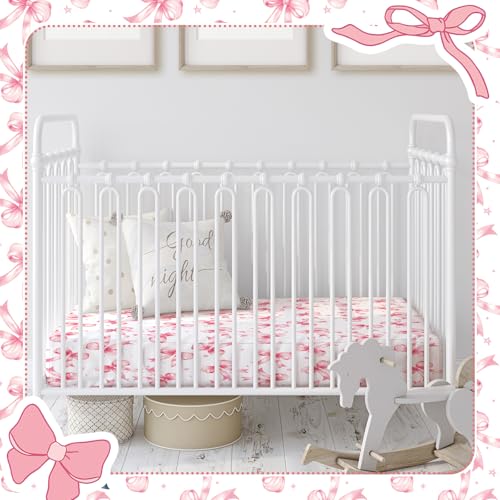 Image of Peryiter 4 Pack Crib Sheets for Baby Pink Bow Soft Baby Bed Sheet Set 52'' x 28 inch Nursery Crib Sheets for Standard Bed Toddler Mattress Nursery Decor Boys Girls Kids