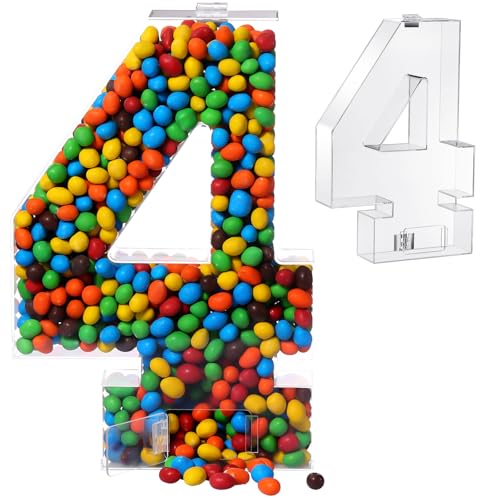 Mifoci 14. 2'' Large Acrylic Fillable Number Candy Box with Lid Display Fillable Candy Container Charcuterie Box for Birthday Party Anniversaries(Number 4)