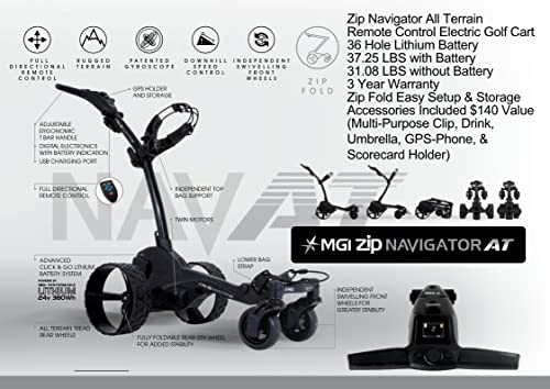 Mgi Zip Navigator All Terrain Electric Golf Cart - 36 Hole Lithium Battery - Remote Control - Accessories Included (Multi-Purpose Clip, Drink, Umbrella, Gps-Phone, & Scorecard Holder), Black #TOP3