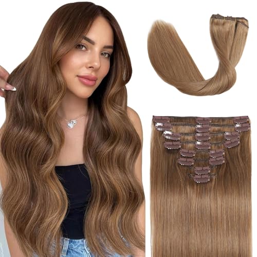 Image of Chestnut Brown Hair Extensions Real Human Hair Clip Ins for Women 22inch | No Tangle, No Shedding, Human Hair Clip in Extensions, Seamless Invisible, Volume, Double Weft, 8PCS, 110g, Straight 22inch