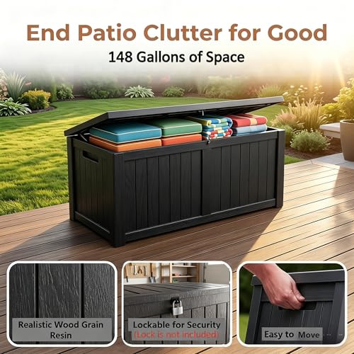 Image of 148 Gallon Resin Deck Box - Outdoor Storage Chest for Patio Furniture Cushions, Garden Tools, Pool Accessories & Backyard Organization Lockable Waterproof All-Weather Wood Grain Design, Easy Assembly